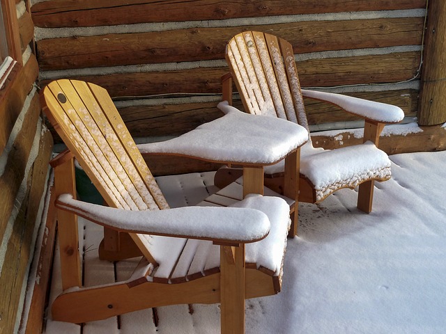 snow covered wood furniture